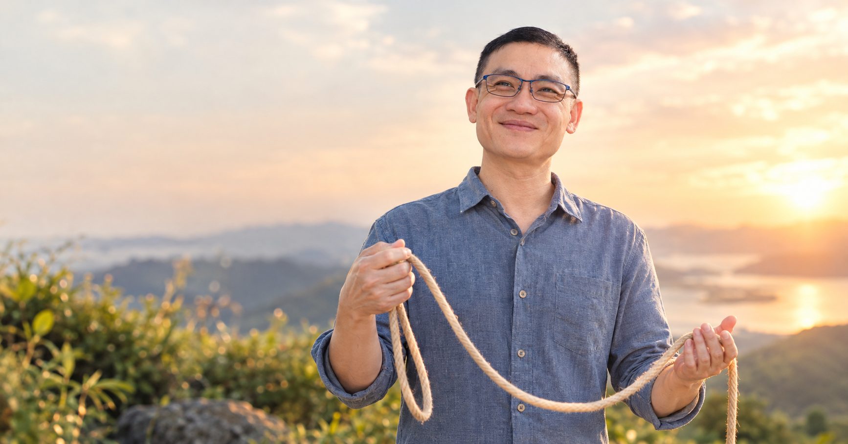 紀謙在傍晚的山上，放鬆地微笑